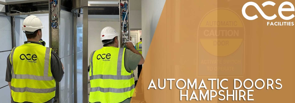 Automatic doors Hampshire. ACE engineer servicing and repairing an automatic swing door