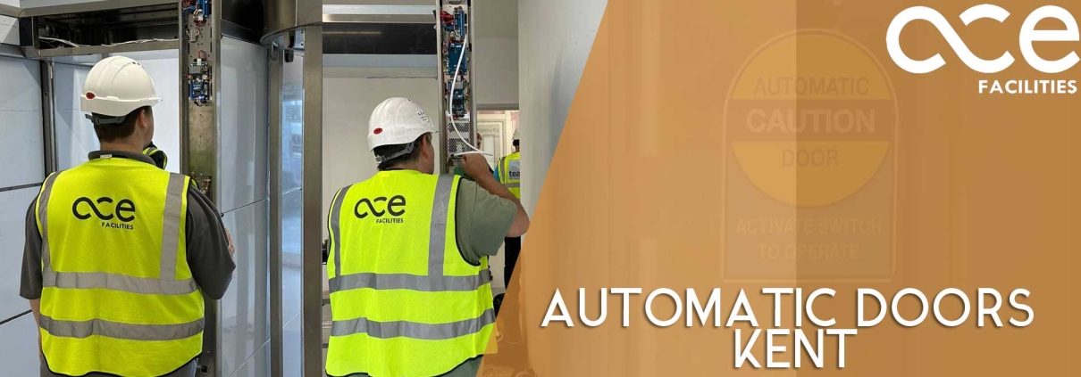 Automatic doors Kent. ACE engineer servicing and repairing an automatic swing door