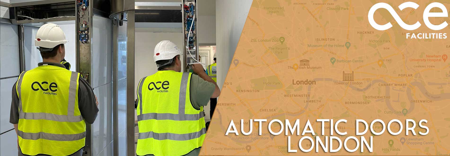 Automatic doors London. ACE engineer servicing and repairing an automatic swing door